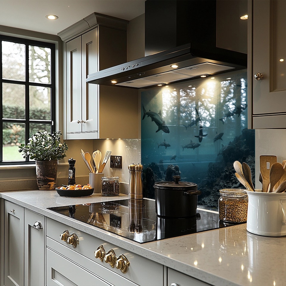 image 1 of Schooling SharksWestern Australia Designer Splash Back | White