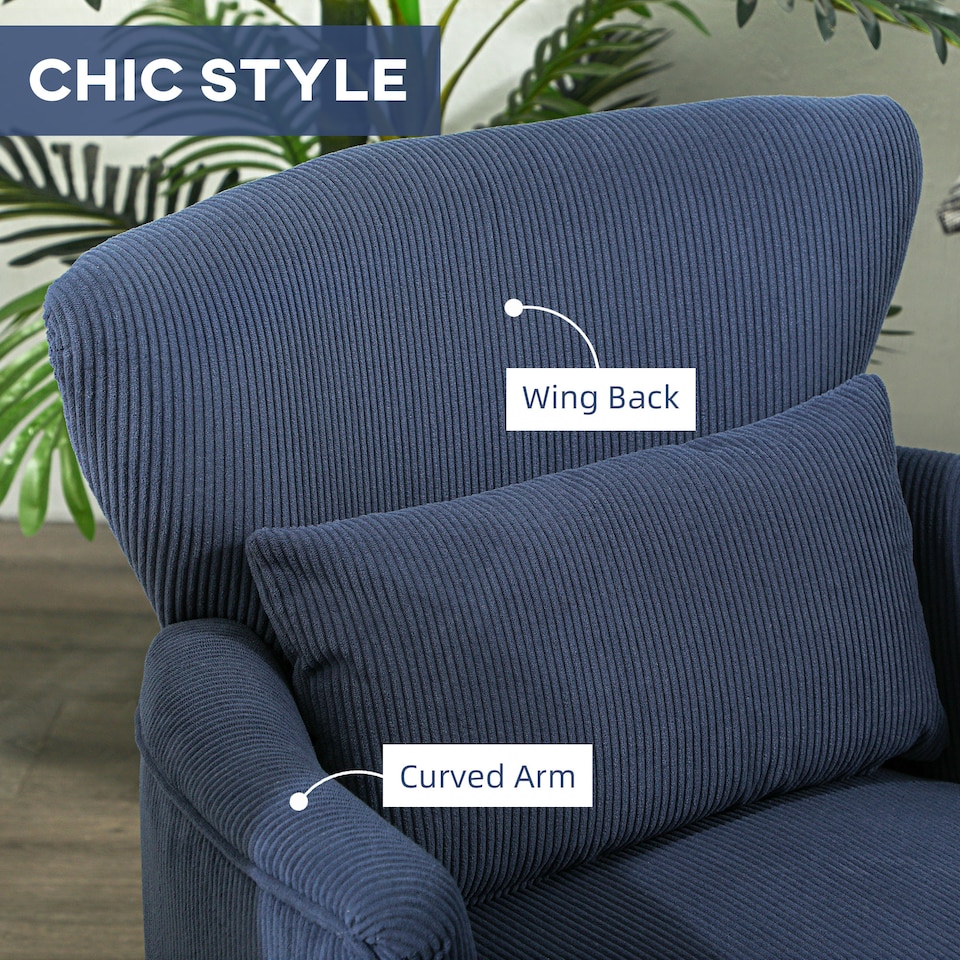 image 1 of HOMCOM Modern Armchair, Upholstered Corduroy Accent Chair with Thick Padded Seat, Lumbar Pillow, Rubber Wood Legs, Cuddle Chair for Living Room Bedroom Office, Blue