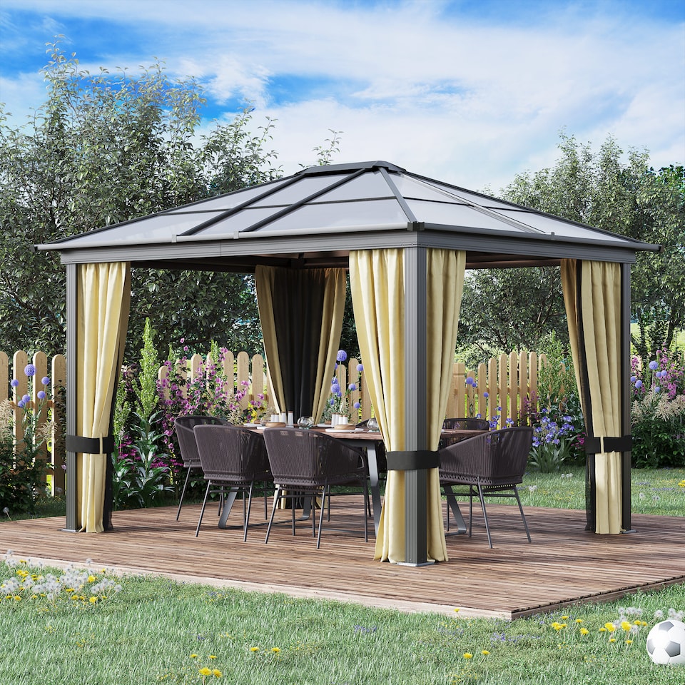 image 1 of Outsunny 3 x 3.6m Hardtop Gazebo Canopy with Polycarbonate Roof and Aluminium Frame, Garden Pavilion with Mosquito Netting and Curtains, Brown