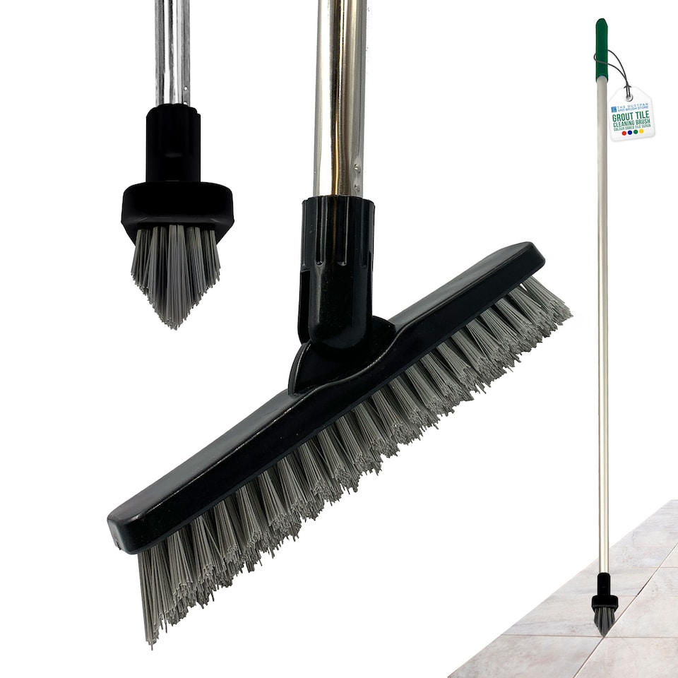 image 1 of Colour-Coded Angled Grout Brush with Handle 180° Swivel Tile & Corner Scrubber