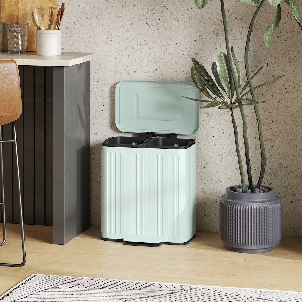image 1 of HOMCOM Dual Kitchen Bin, 2 x 20L Double Bin for Recycling and Waste, Fingerprint-proof Pedal Bin with Soft-Close Lid, Removable Inner Buckets, Green | Green | 1