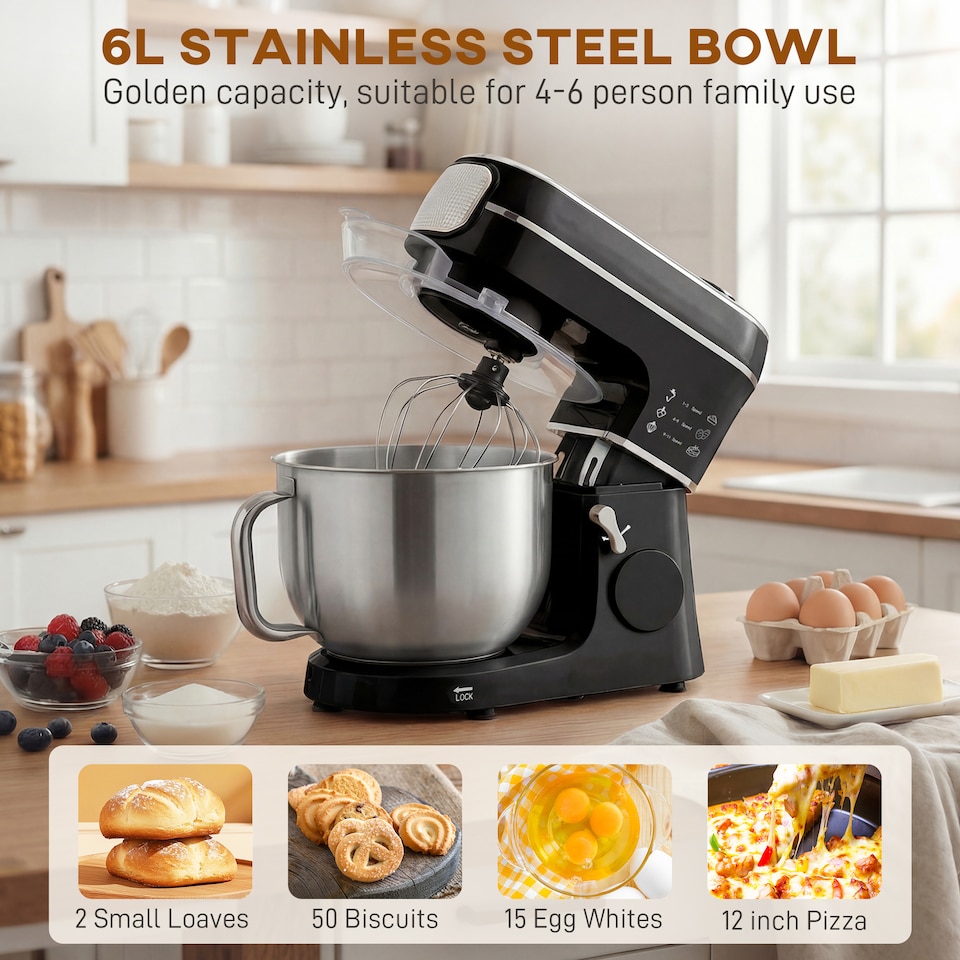 image 1 of HOMCOM 6L 1400W Stand Mixer with 11 Speeds & Fermentation Function, Black