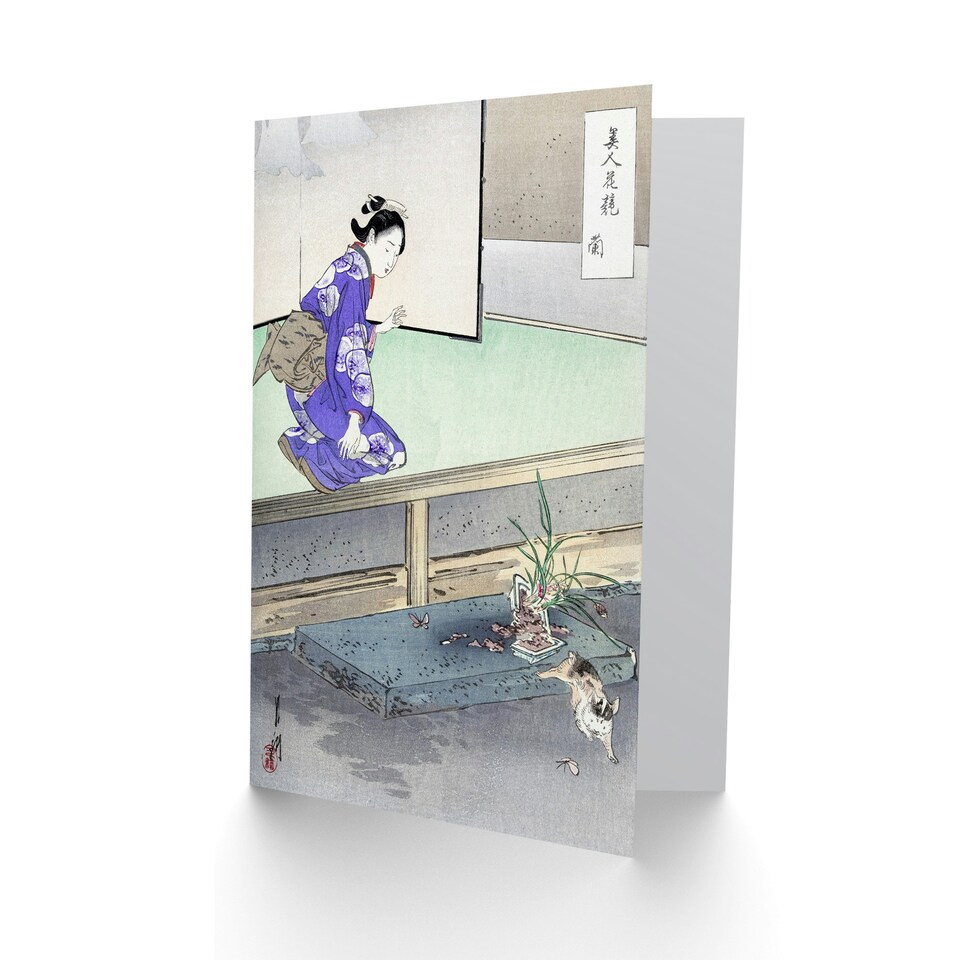 image 1 of Ogata Gekko Japanese Art Card Orchid Broken Plant Pot and Cat