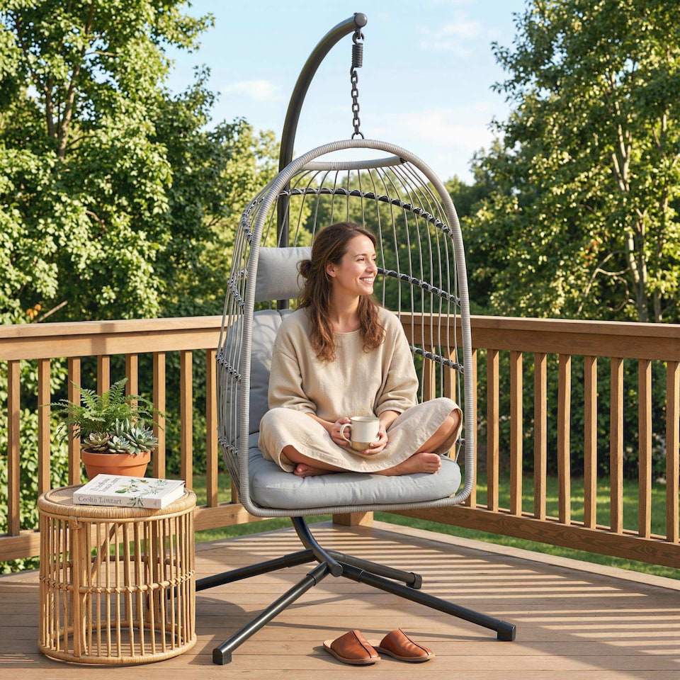 image 1 of Outsunny Hanging Egg Chair, Outdoor Swing Chair with Stand, Light Grey | Grey | Light Grey | One Size