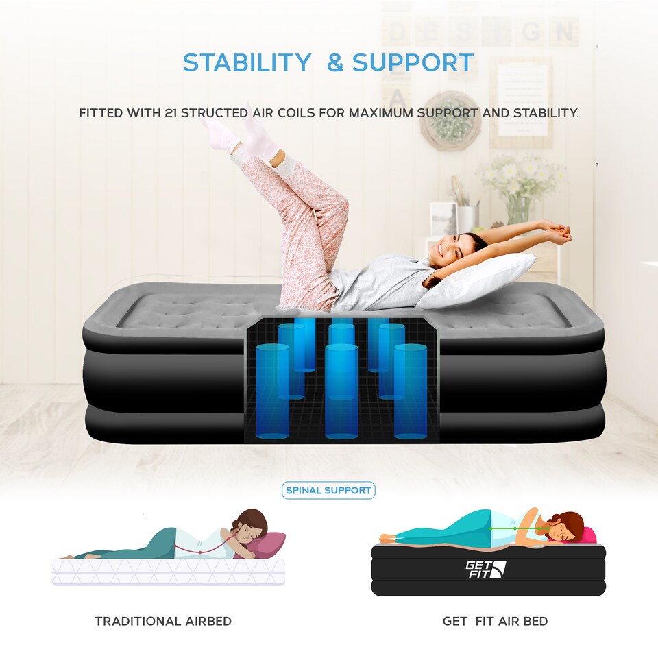 image 1 of Get Fit Air Bed With Built In Electric Pump - Premium Single Size - Blow Up Bed With Free Pillow - Elevated Inflatable Air Mattress | Black | Black / Grey | 1