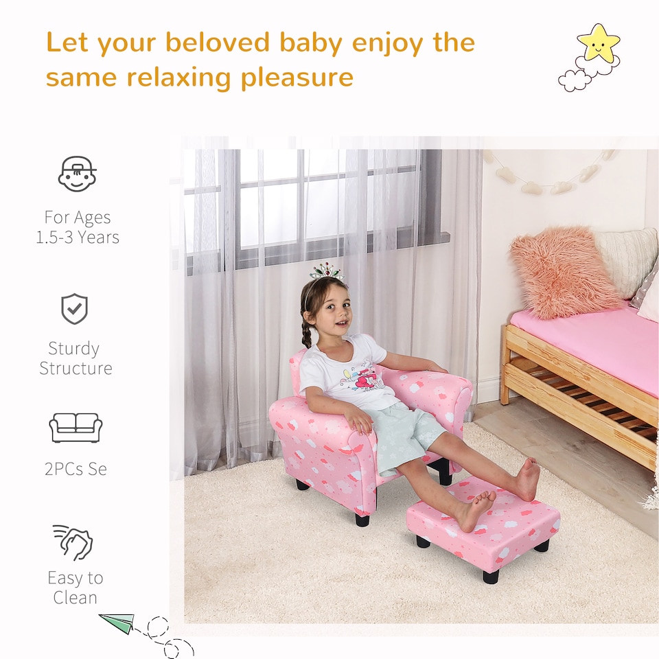 image 1 of HOMCOM Kids Armchair Children Mini Sofa Wood Frame w Footrest Cute Cloud Star | Pink | One Size