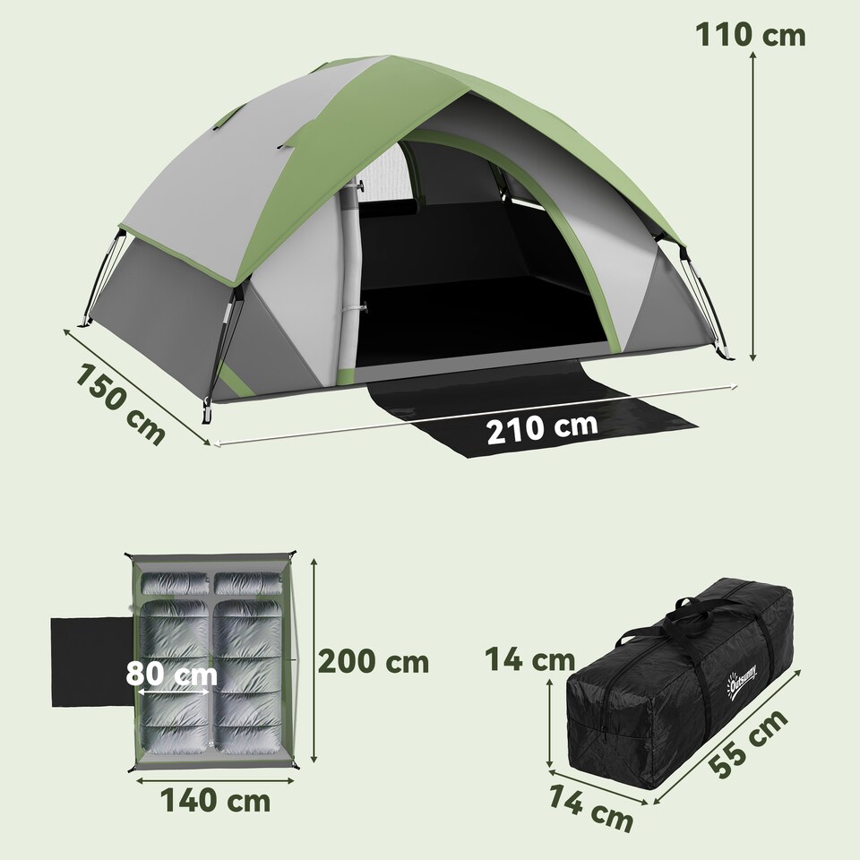 image 1 of Outsunny 2 Man Camping Tent w/ Sewn-in Groundsheet, 3000mm Waterproof, Green