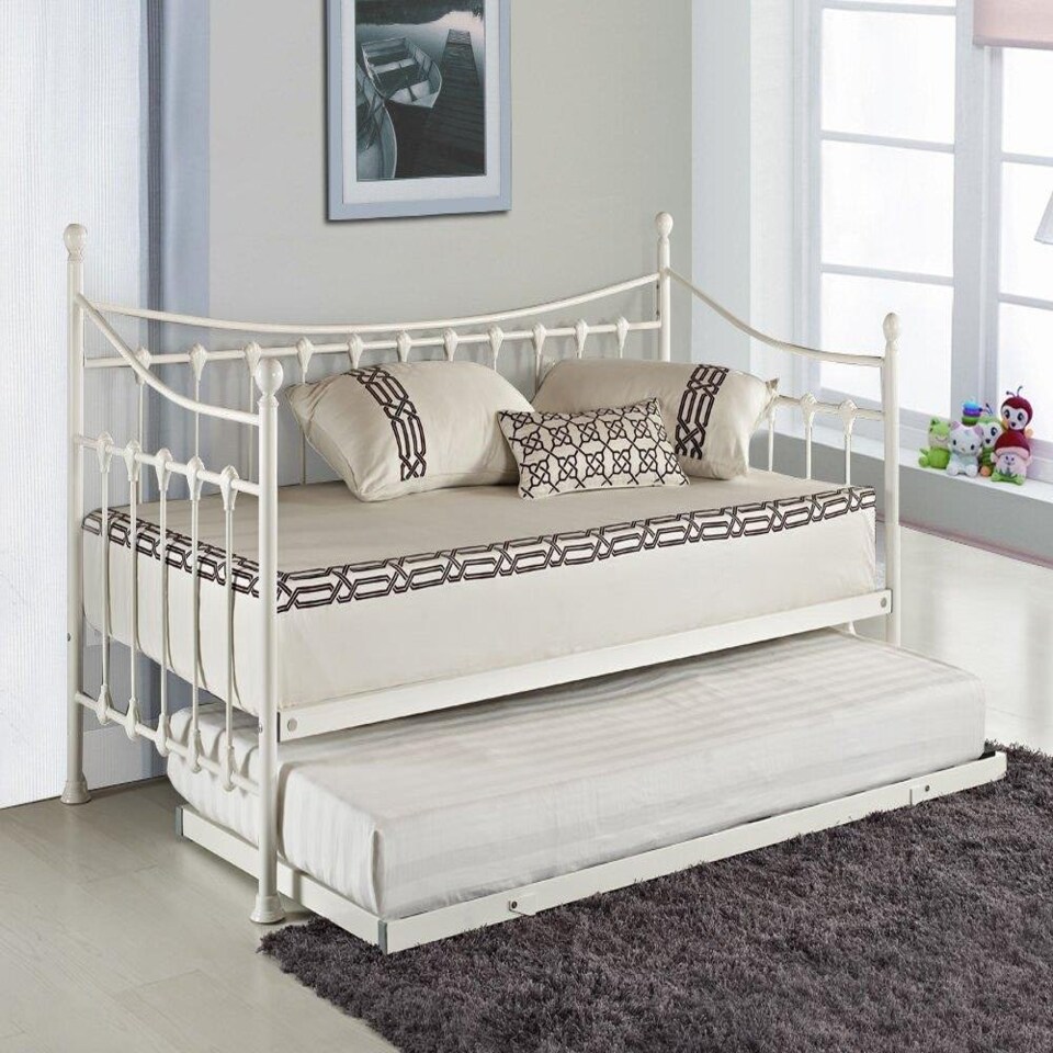 image 1 of Daybed With Trundle white 3ft single twin bed and 2 mattresses pull out metal guest room bedroom living room