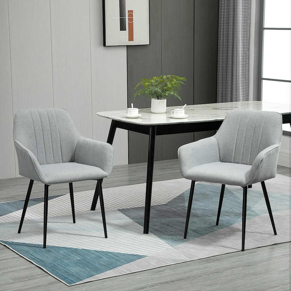 image 1 of HOMCOM Dining Chairs Upholstered Linen Fabric Metal Legs, Set of 2, Light Grey