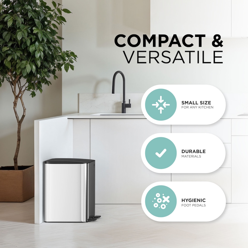 image 1 of DMD 30L Stainless Steel Recycling Bin, 2 x 15L Removable Plastic Recycling Buckets | Silver | Silver