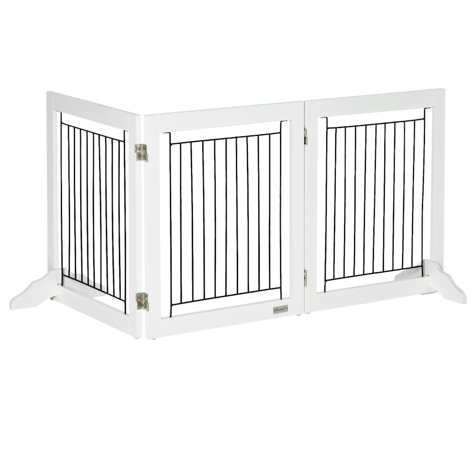 image 1 of PawHut Foldable Wooden Pet Gate w/ 3 Panels 2 Support Feet for Small Dogs White