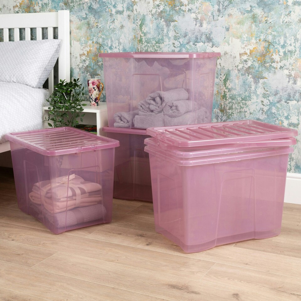 image 1 of Wham Crystal 5 x 80L Stackable Plastic Storage Boxes with Lids Pink
