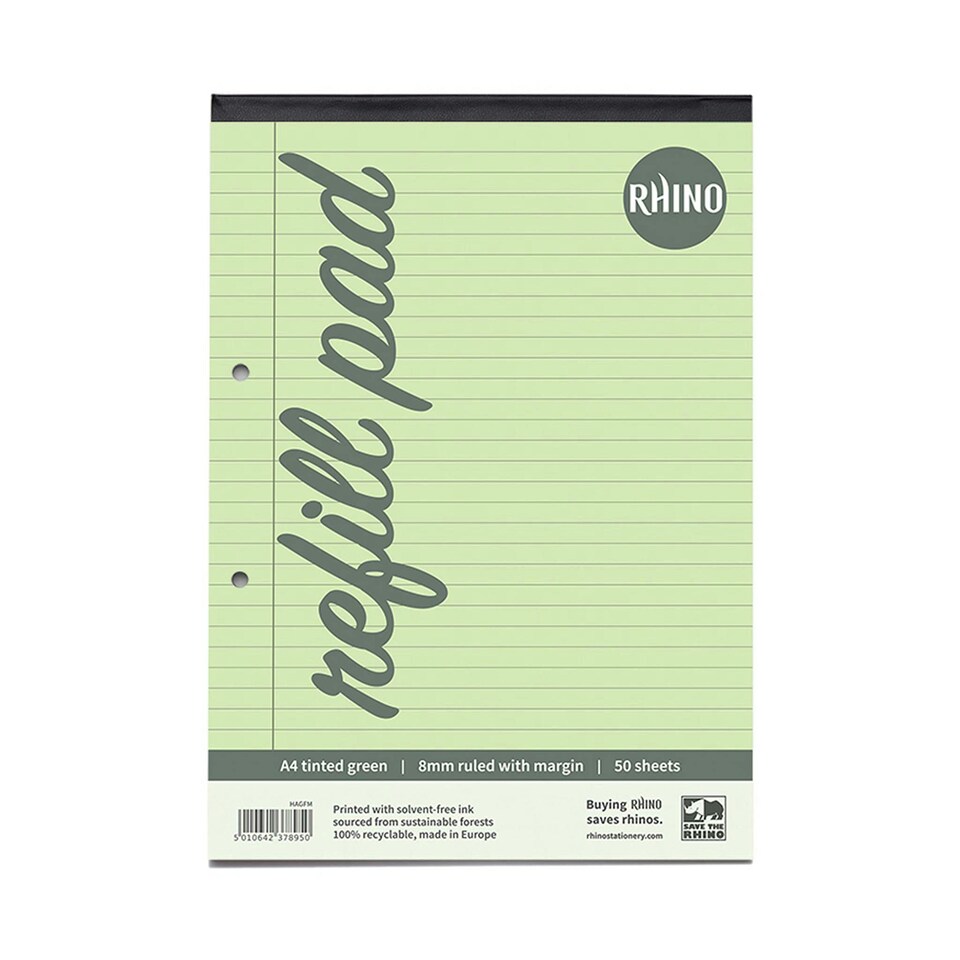 image 1 of Pack of 6 Rhino A4 Green Paper 100 Page 8mm Lined with Margin Refill Pads