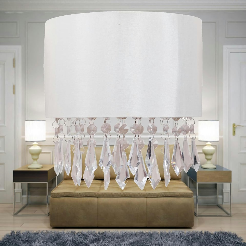 image 1 of First Choice Lighting Set of 2 Jewelled Ivory Fabric Wall Lights With Clear Beaded Crystal Style Strings White | Clear