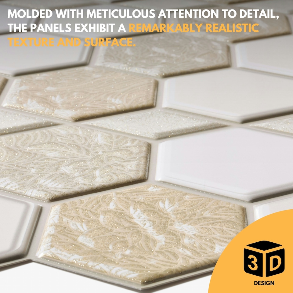 image 1 of NOVECRAFTO 3D Honeycomb Wall Panels Beige/Cream/Caramel – Glitter Tile Effect – Set of 6 PVC Sheets – 3.72m² (40.26sqft) – Kitchen & Bathroom Cladding
