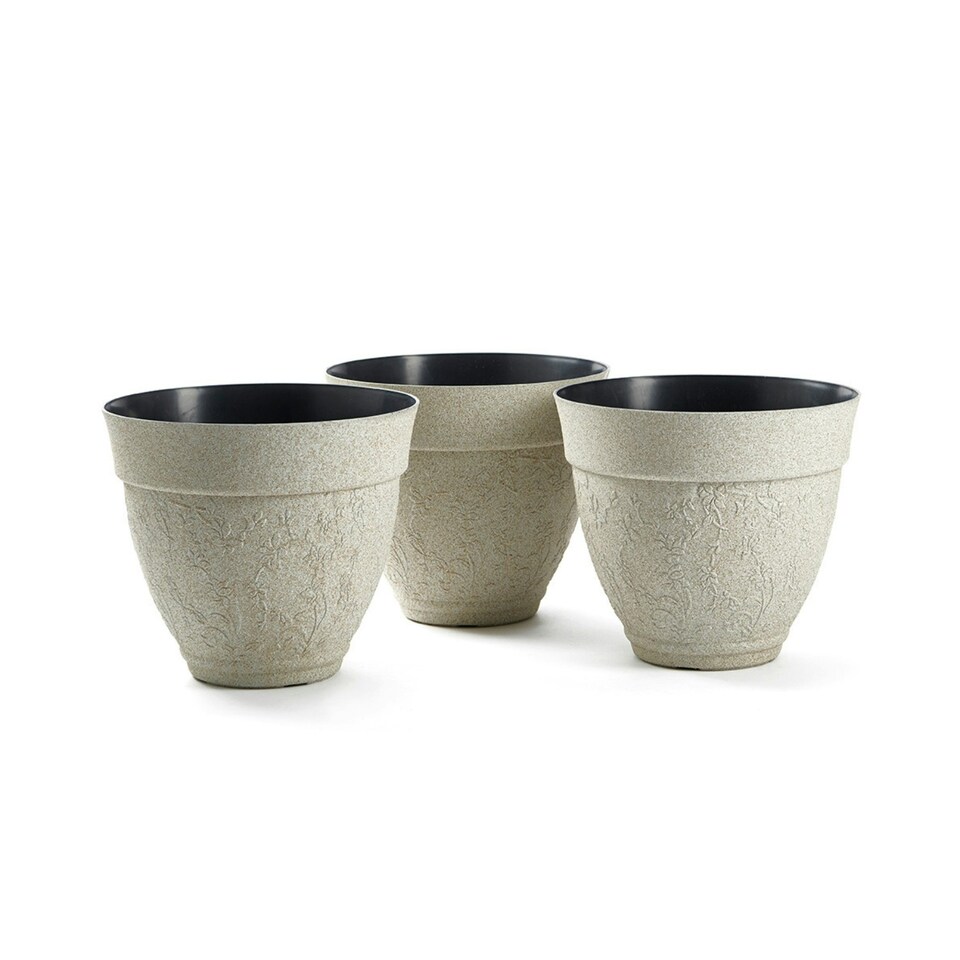 image 1 of Pack of 3 Floral Design Planters in Sandstone Finish | Cream