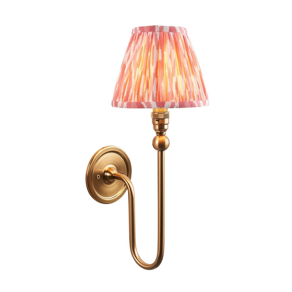 image 1 of Santiago Brushed Aged Brass Plate Wall Light with Coral Pink Fabric Ikat Shade 16cm B22