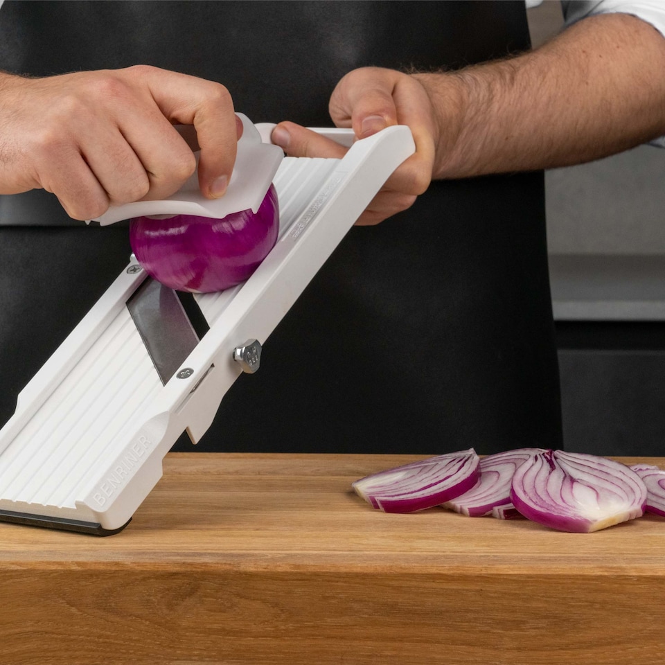 image 1 of Benriner Classic Mandolin Slicer, 3 Blades, White
