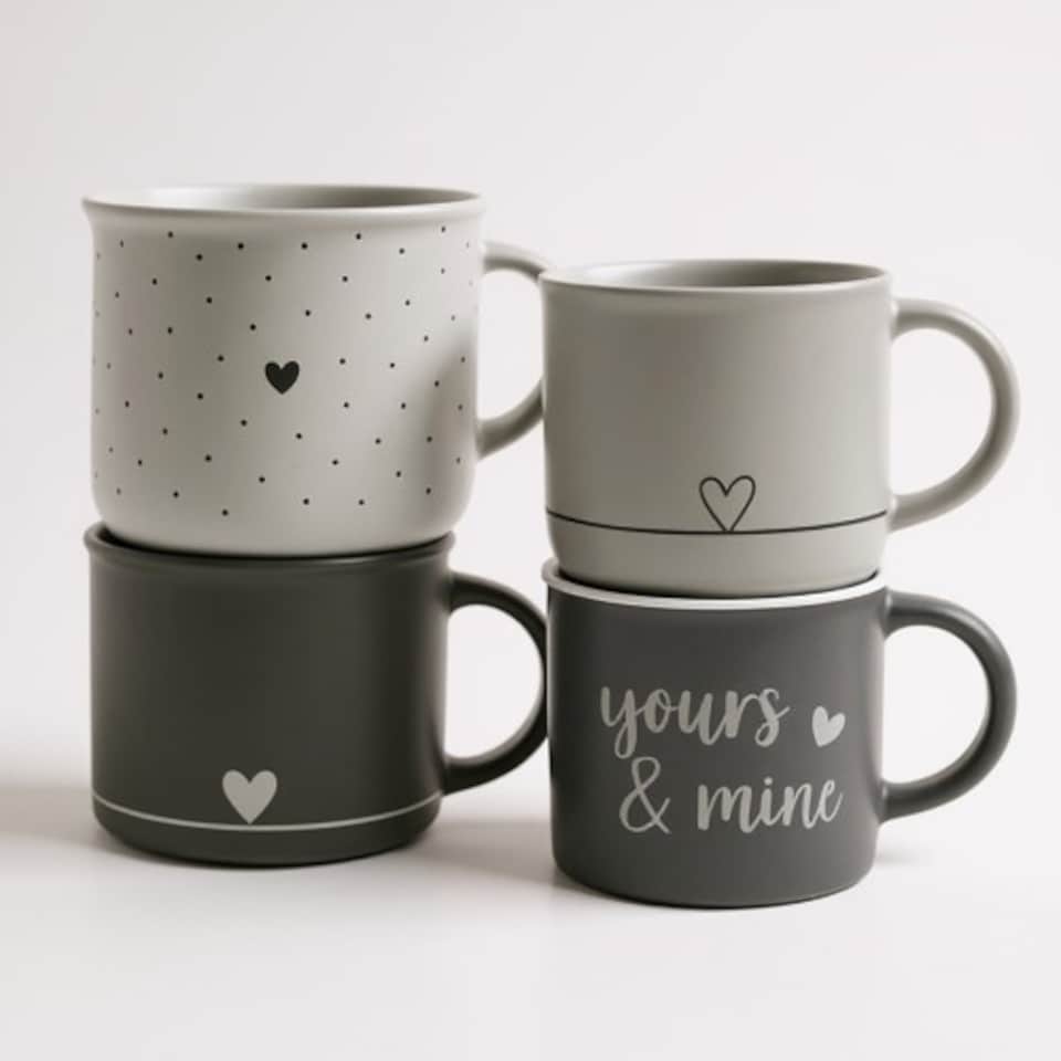 image 1 of Heart Design Ceramic Coffee Mug Set 400m | Grey | Grey with Yours & Mine Text | 400ml | 1