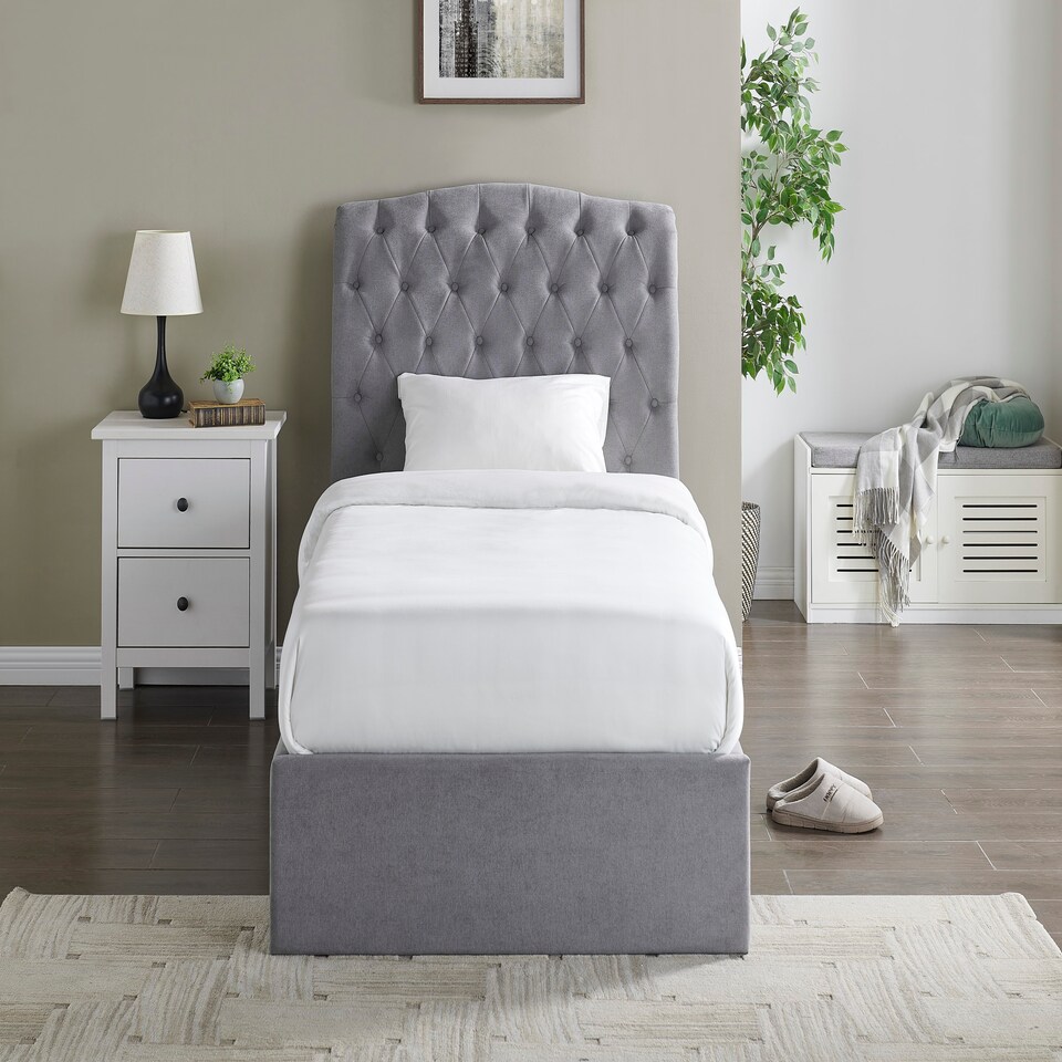 image 1 of 3ft Single Ottoman gas liftup storage bed frame,fabric upholstered, light grey,buttoned back,curved bed frame,bedstead