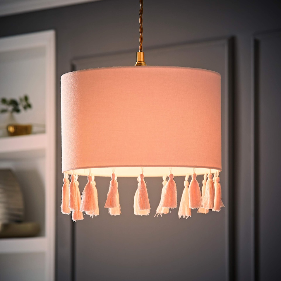 image 1 of ValueLights Vivian Pink Drum Tassel Ceiling Pendant Light Shade | Pink