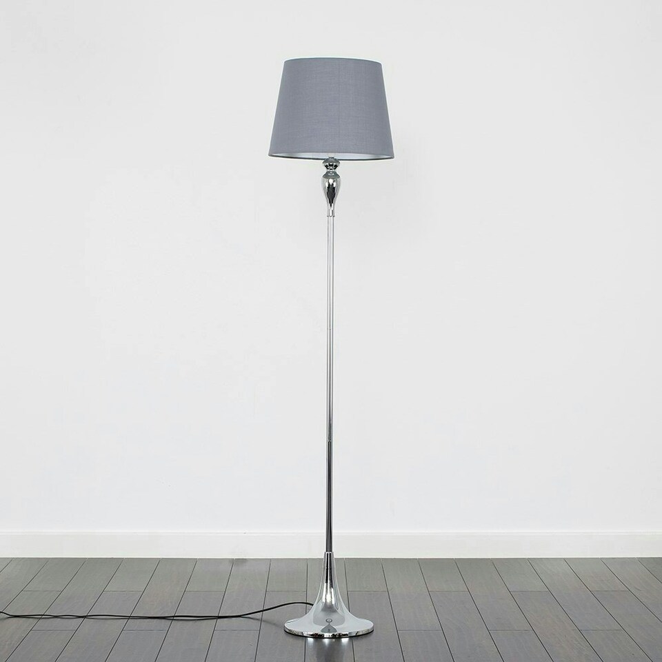 image 1 of ValueLights Faulkner Polished Silver Floor Lamp with Medium Grey Tapered Shade and E27 GLS LED 10W Warm White 3000K Bulb