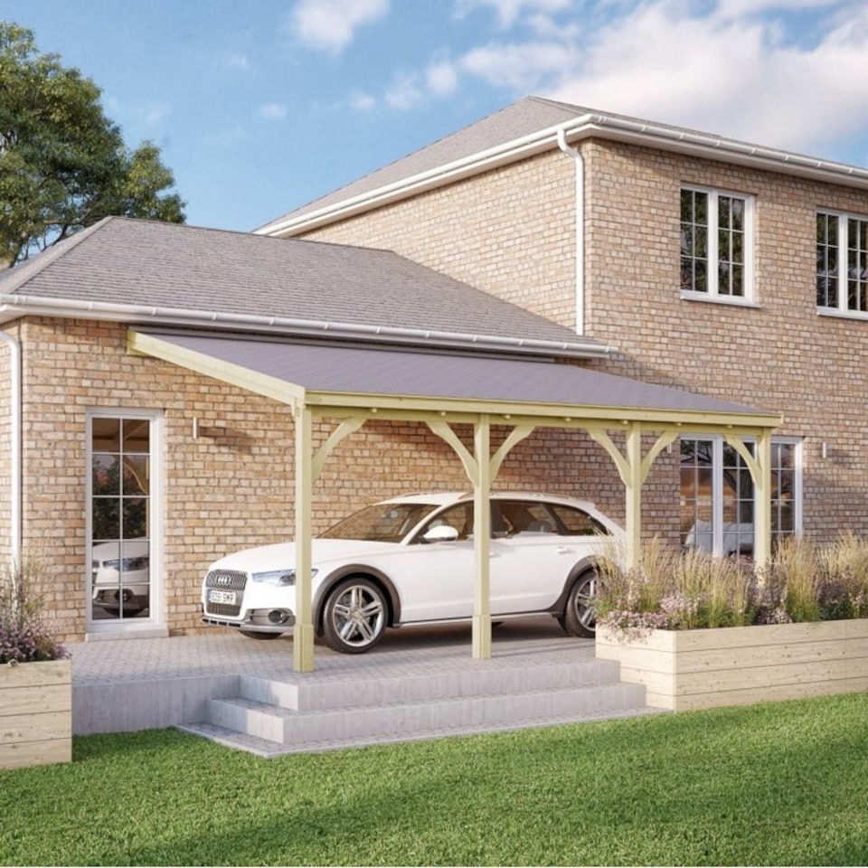 image 1 of Felt Shingle Roof Car Port 4 Post - Wood - L350 x W722 cm - Light Green | Brown