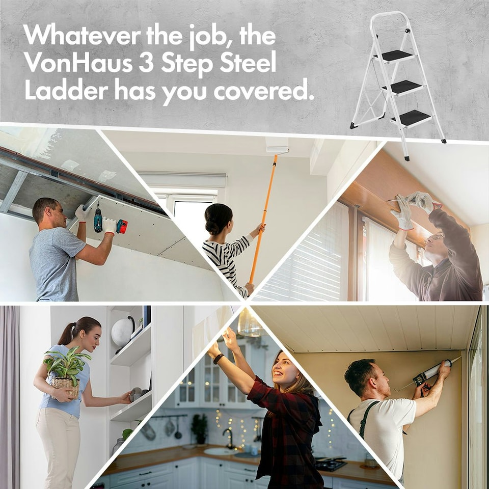 image 1 of VonHaus 3 Steel Folding Step Ladder with Anti Slip Feet