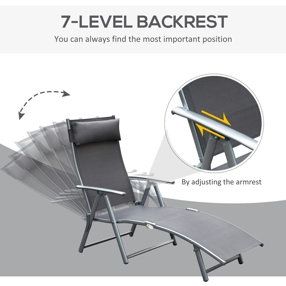 image 1 of Outsunny Sun Lounger Recliner w/ Pillow Foldable 7 Levels Textilene Grey