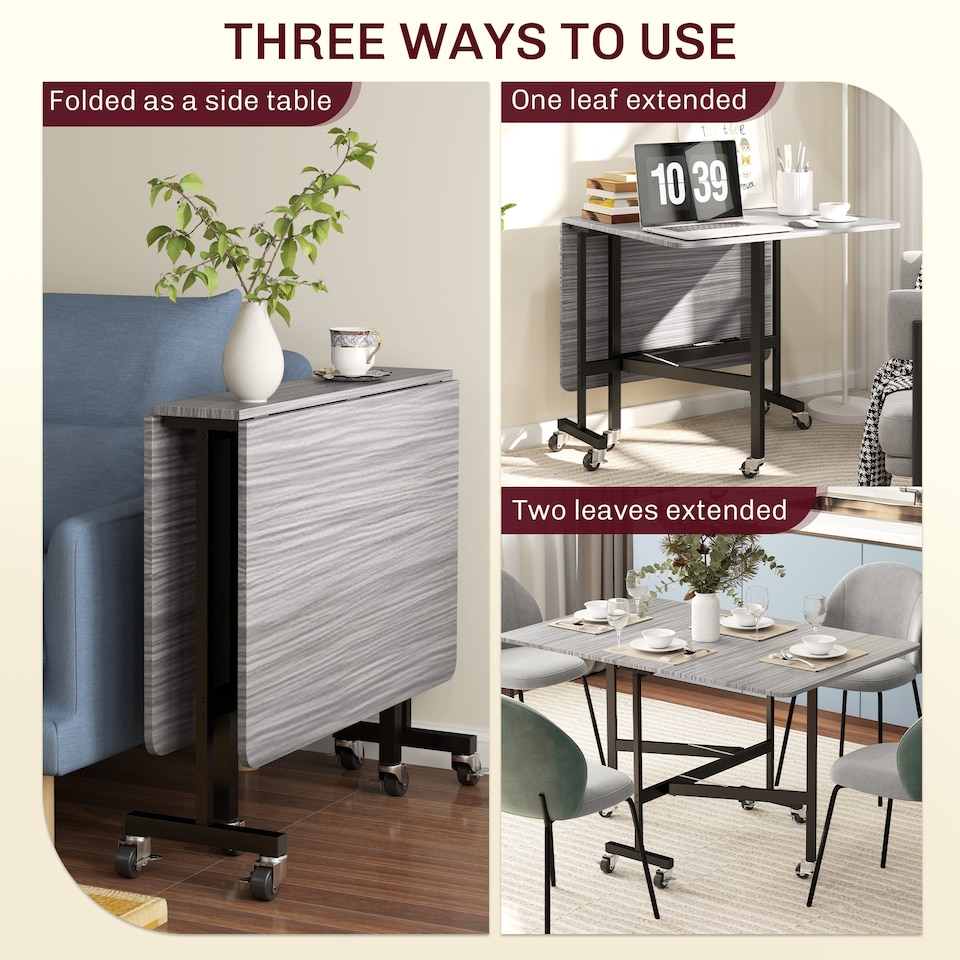 image 1 of HOMCOM Mobile Drop Leaf Table, Folding Dining Table with 6 Wheels & Brakes, Kitchen Table for Small Spaces, Grey | Grey