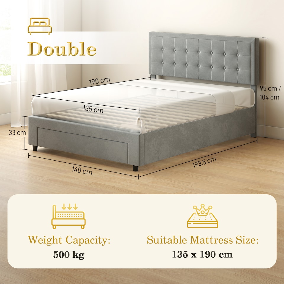 image 1 of HOMCOM 4ft6 Double Bed Frame with Storage and Adjustable Headboard, Grey