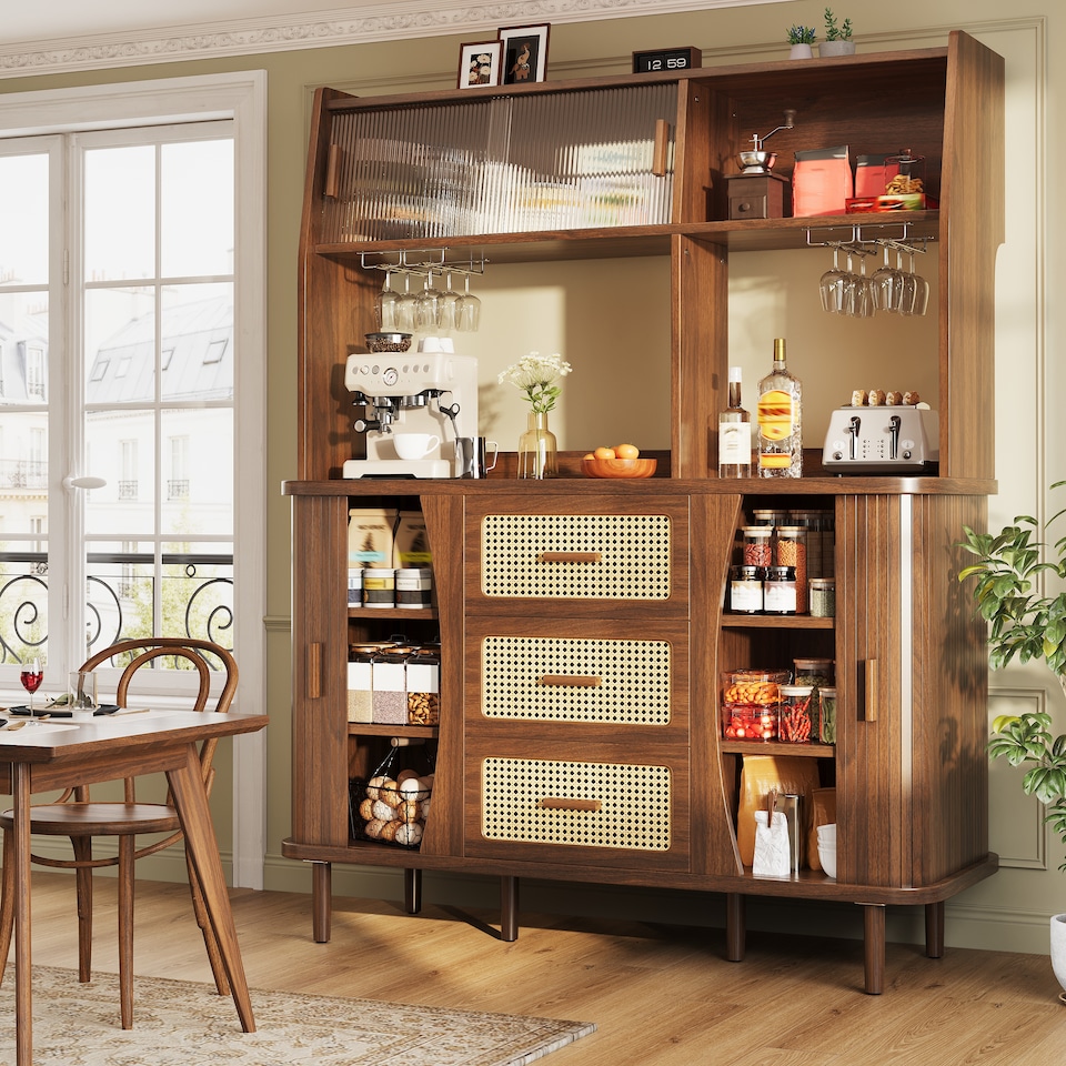image 1 of VILUXE Tall Kitchen Storage Cabinet with Rattan-Effect Drawers and Glass Sliding Doors, 140 cm, Walnut
