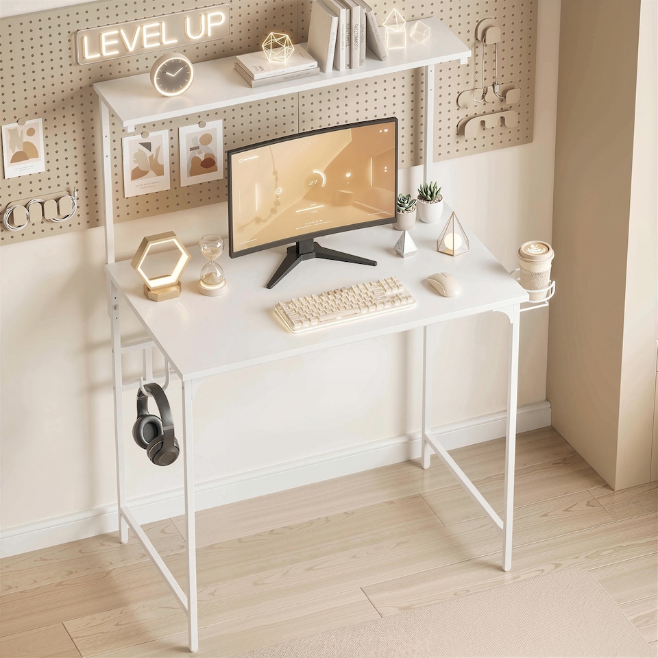 image 1 of HOMCOM Computer Desk, 80cm Home Office Study Table with Hutch Shelf | White | White | 80W x 50D x 121.7H cm