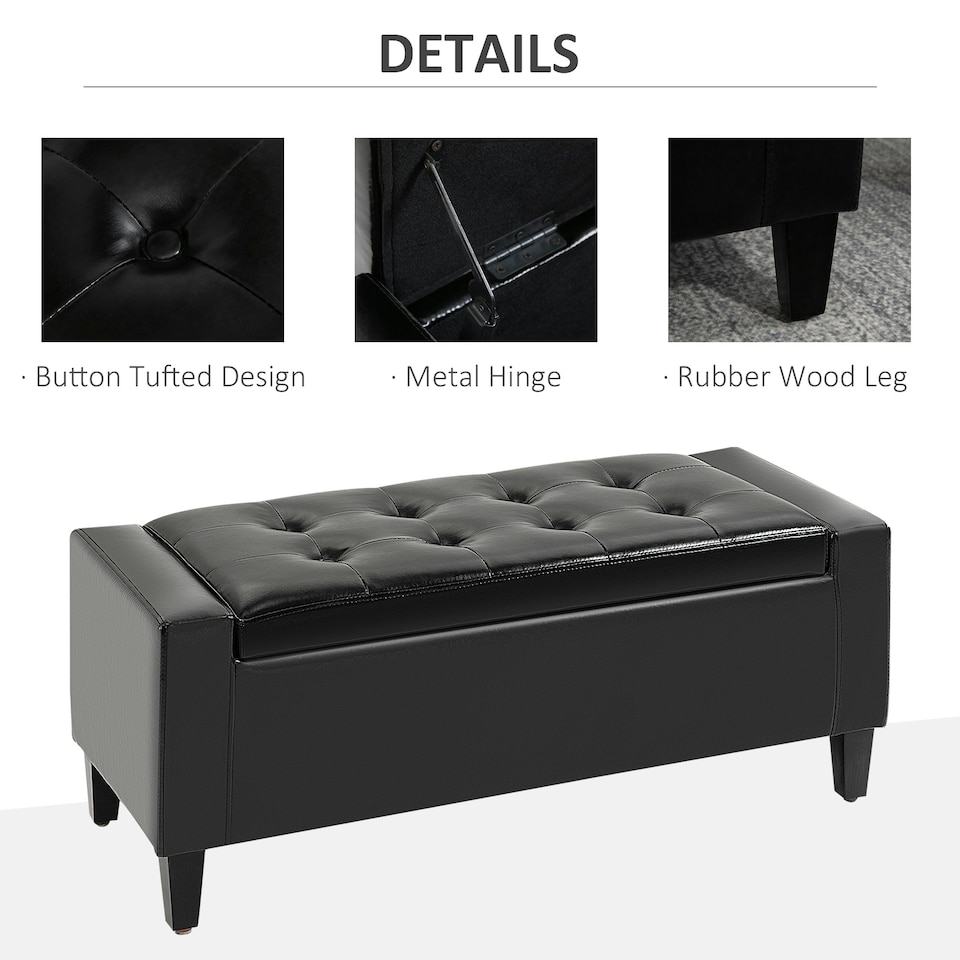 image 1 of HOMCOM 40x90cm PU Leather Storage Ottoman Bench Wood Frame w/ Tufting Feet Black