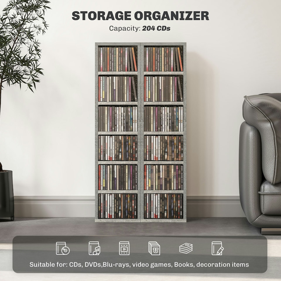 image 1 of HOMCOM Set of 2 CD Storage Units with Adjustable Shelves Cement Grey