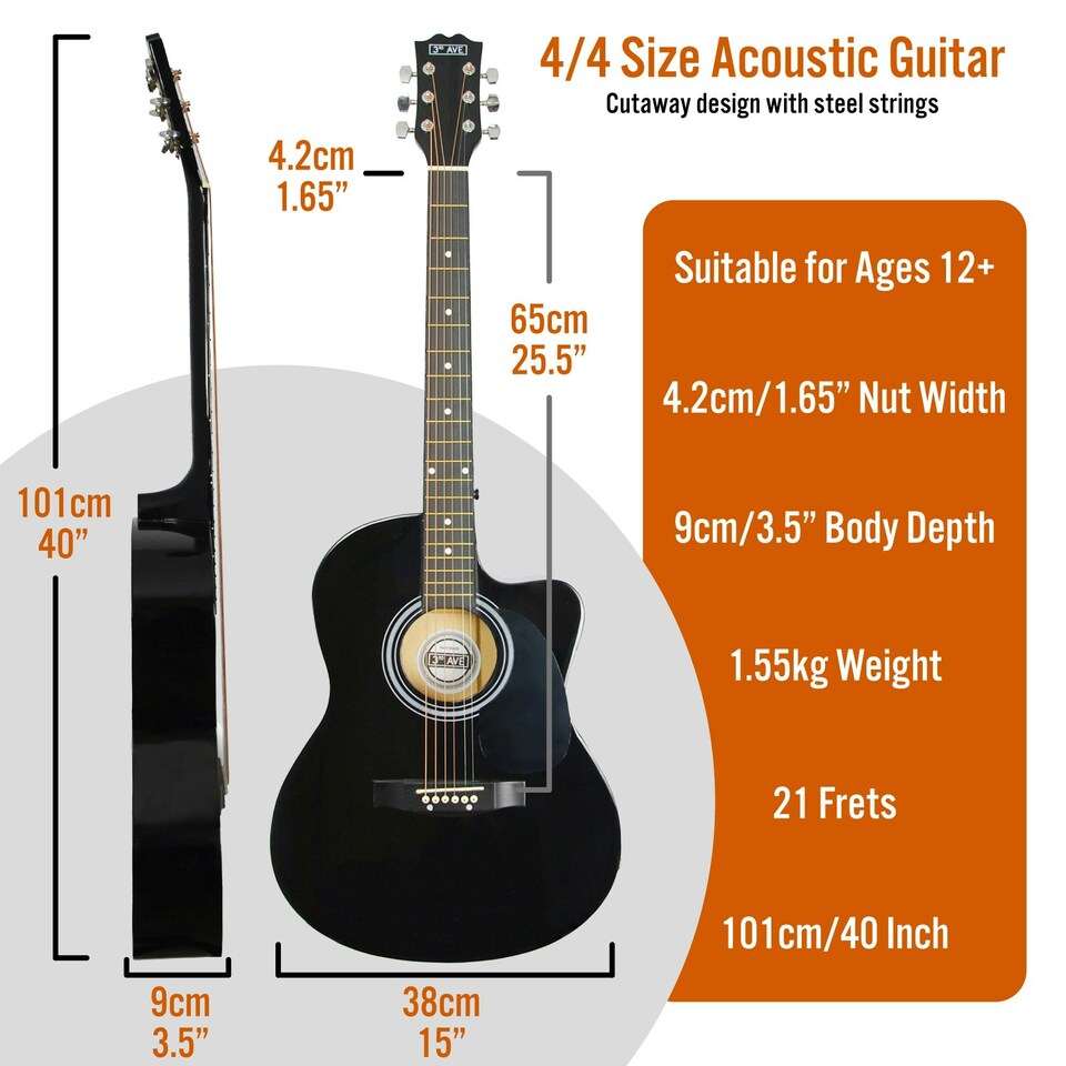 image 1 of 3rd Avenue Full Size Cutaway Acoustic Guitar Pack | Black
