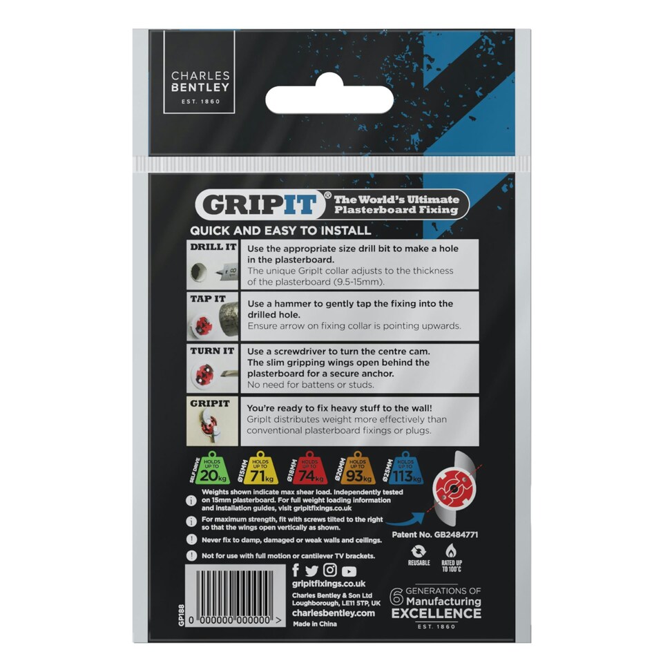 image 1 of Gripit 18mm Plasterboard Fixing Stud Wall Anchor Max 74kg - Red - 8 Pack