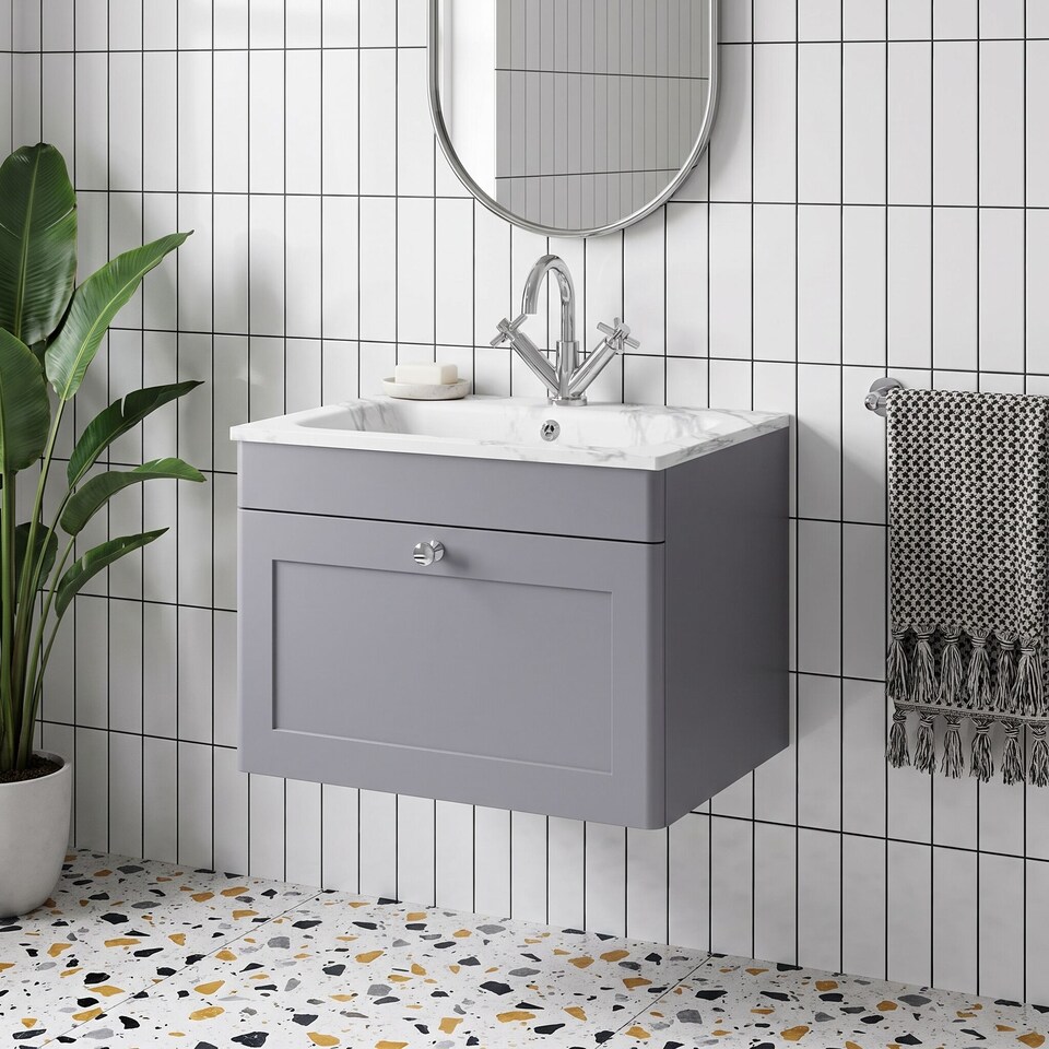 image 1 of Balterley Swynnerton Traditional 1 Drawer Wall Hung Vanity Unit with Stone Basin, Satin Grey, 600mm