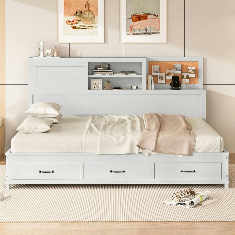 image 1 of COSTWAY  Double Guest Daybed Frame with 3 Storage Drawers