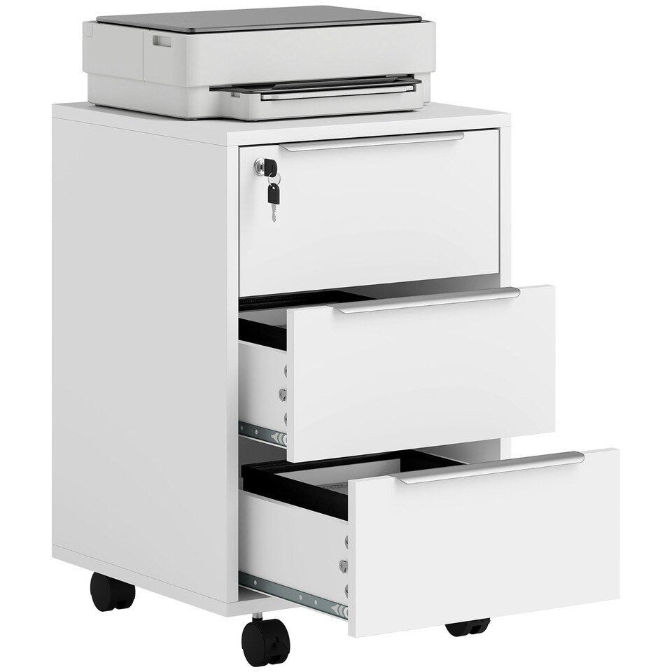 image 1 of HOMCOM Modern 3-Drawer Locking File Cabinet Mobile Filing Cabinet Grey White White