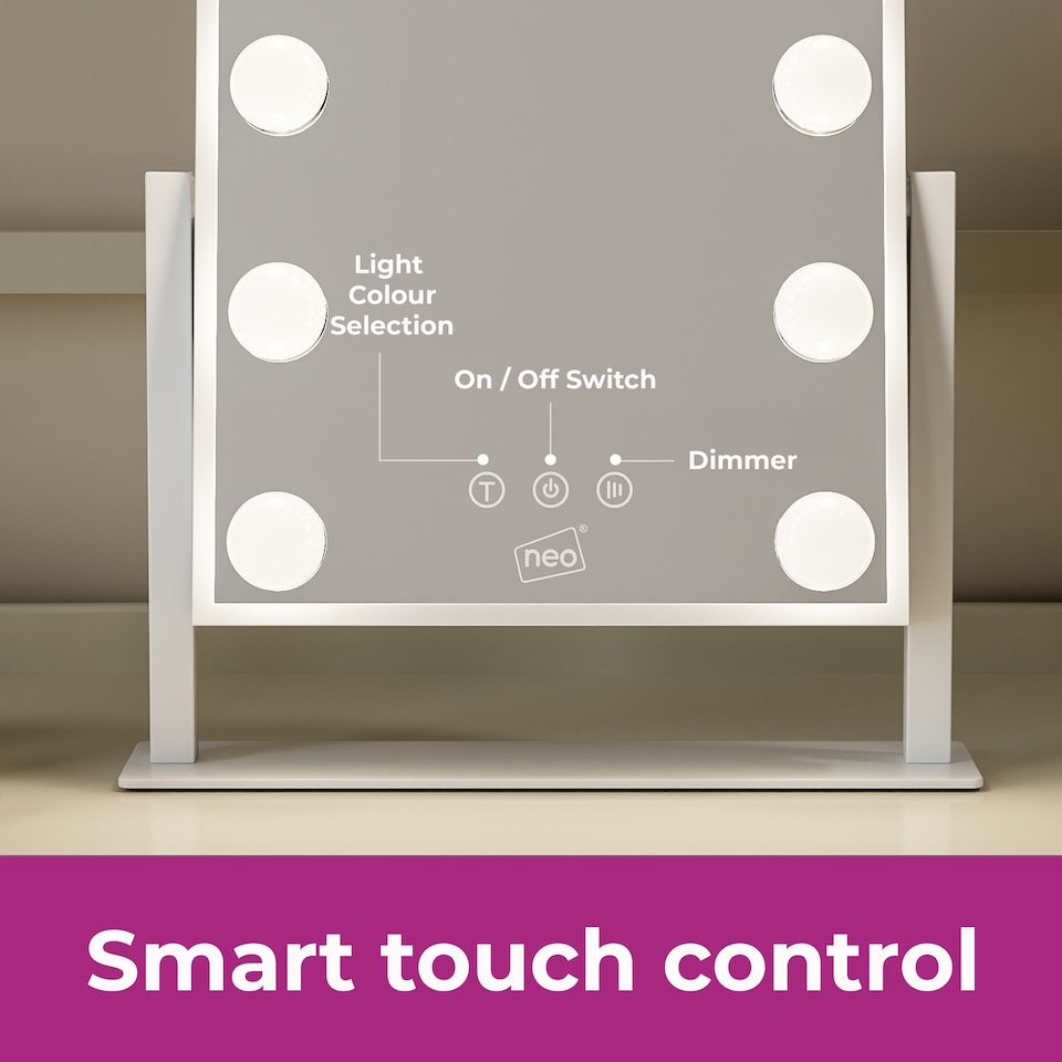 image 1 of Neo Hollywood Vanity Touch Mirror with 9 LED Bulbs Lights Makeup Lighted 360° Rotation 3 Colour Dimmable Lighting Modes