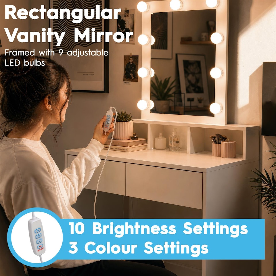 image 1 of Harbour Housewares Wooden Dressing Table Set with LED Lights & Grey Stool - White | White | White/Grey