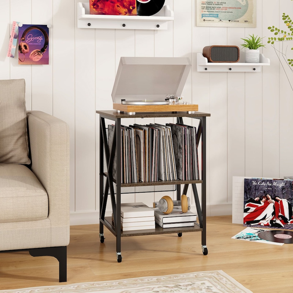 image 1 of COSTWAY Turntable Record Player Stand with Builtin Charging Station and Divider Brown