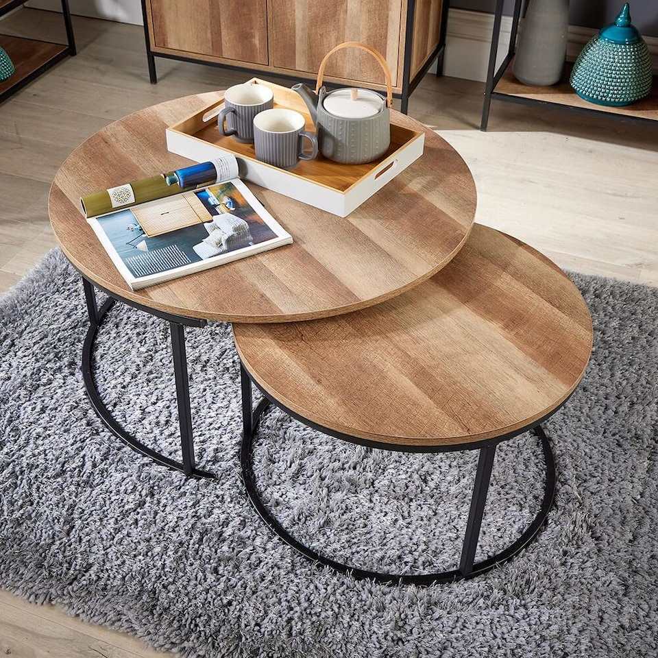 image 1 of Round Nest of 2 Coffee Tables Stackable Side Tables Unit Oak Effect Finish