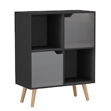 Black 4-Cube Storage Unit with 2 Wooden Doors and Legs | Grey | Grey & Beech | 1
