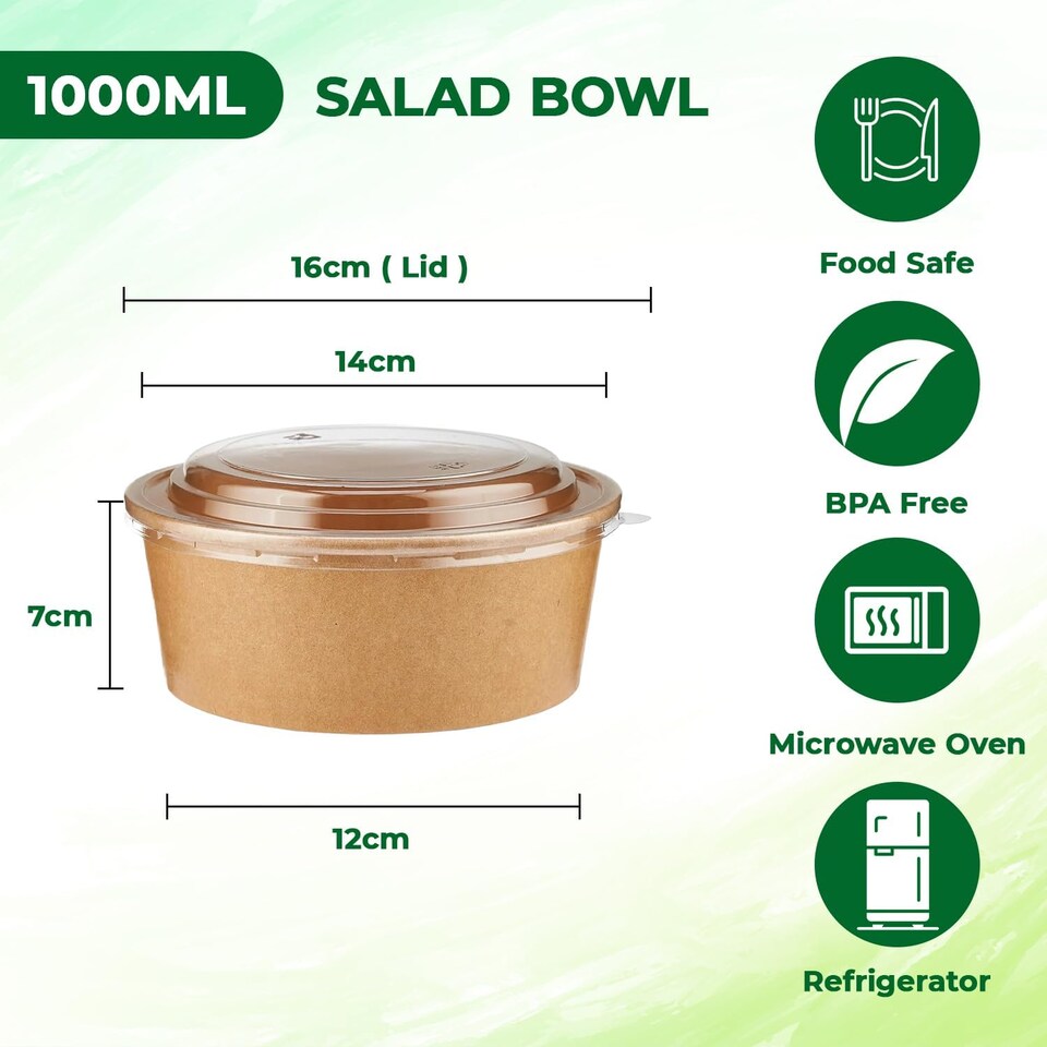 image 1 of ECONX 35oz 1000ml Salad Paper Bowls with Lids Disposable Takeaway Bowls Food Container 100pc