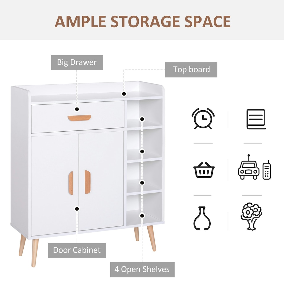 image 1 of HOMCOM Side Cabinet with Storage Drawer for Hallway, Kitchen White White | Natural Wood (Legs and Handles)