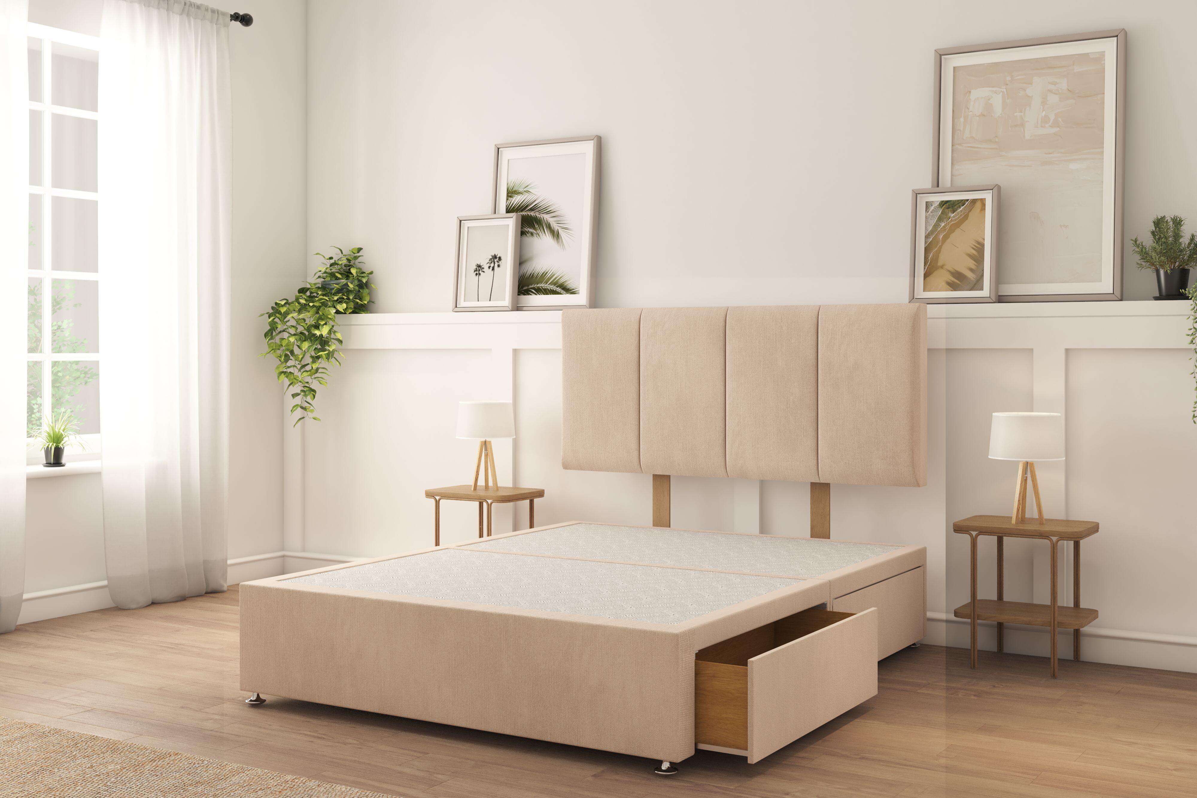 Sloomy Lancaster Sand Naples Divan Bed Base 2 Drawers Same Side With 26" Strutted Headboard 4'6 Double