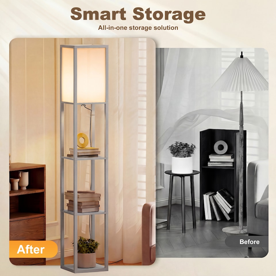 image 1 of HOMCOM Floor Lamp Reading Lamp with 3-Tier Storage Shelf for Home Office Grey