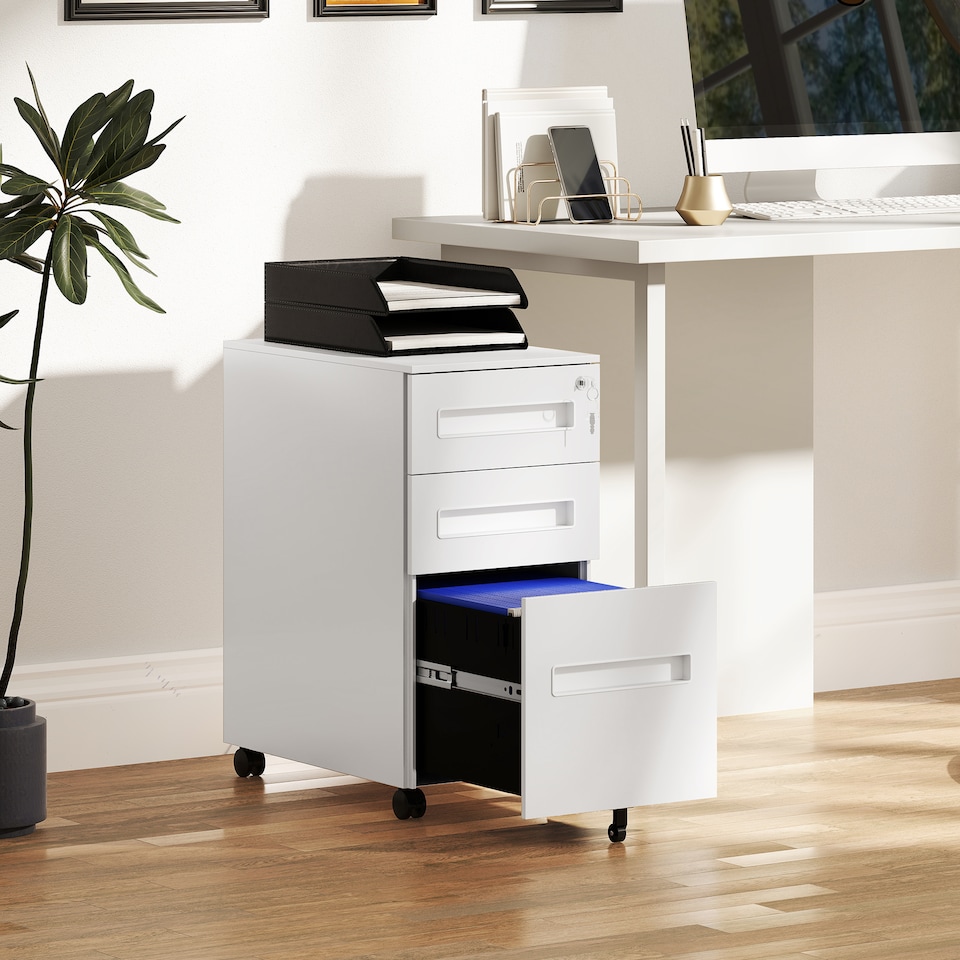 image 1 of Vinsetto 3 Drawer Mobile File Cabinet, Metal Filing Cabinet with Lock and 5 Wheels for A4 Legal Letter Sized Documents, Hanging File Folders, Pre-Assembled Body, 30 x 43.5 x 60 cm, White | White | White